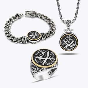Zulfiqar Schwert Halskette, Armband und Ring Set – 925 Sterling Silber