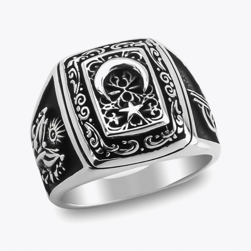 Moon Star Double Headed Eagle Mens 925s Silver Ring