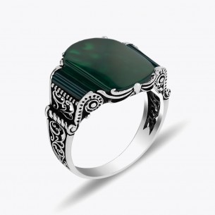 Green Agate Stone Silver Men Ring