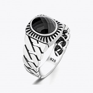 Silver Ring Knitted Pattern Black Onyx Stone