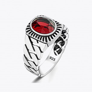 Silver Ring Knitted Pattern Red Stone
