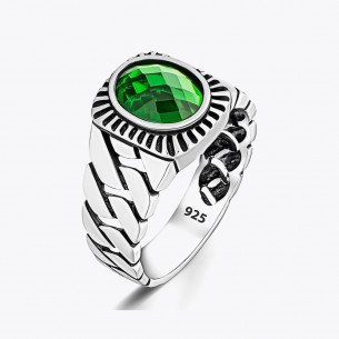 Knit Patterned Green Stone Silver Ring