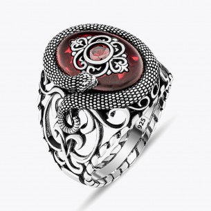 Red Onyx Stone Snake Design Silver Ring