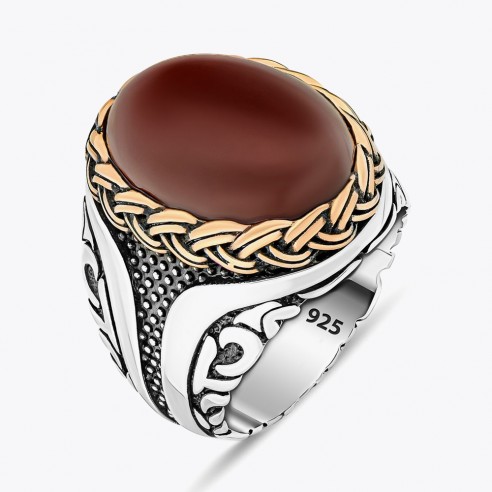 Red Amber Stone 925 Sterling Silver Ring