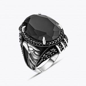 Black Zircon Stone Eagle Design Silver Ring