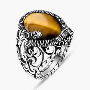 Snake Design With Tiger Eye Stone Silver Ring