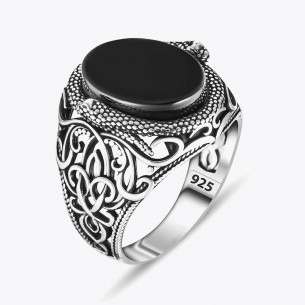 Black Onyx Stone Snake Design Silver Ring