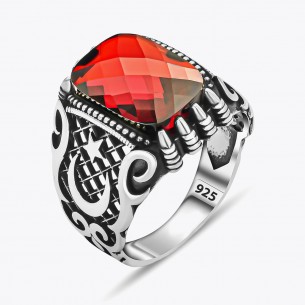 Red Zircon Stone Moon Star Silver Ring