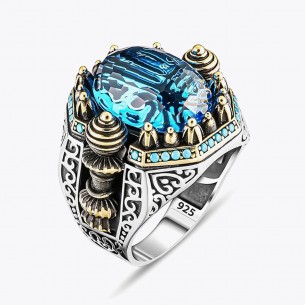Blue Zircon Stone Ottoman Design Silver Ring