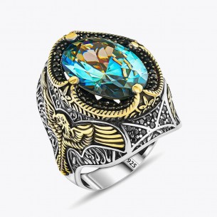Blue Topaz Stone Eagle Design Silver Ring