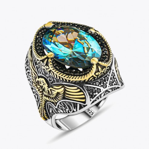 Blautopas Stein Eagle Design Silber Ring