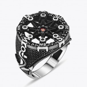 Mikro Stein Kompass Matrosen Design Silber Ring