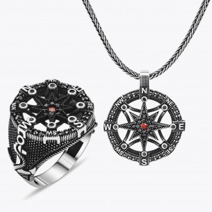 Mikro Stein Kompass Matrosen Design Ring und Halskette - 925 Sterling Silber