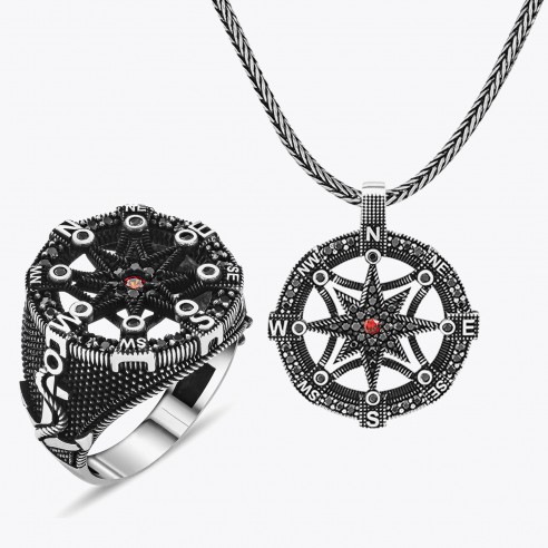 Micro Stone Compass Sailor Design Ring and Necklace - 926 Sterling Silver