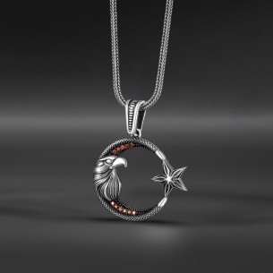 Moon Star Eagle Design Silver Necklace