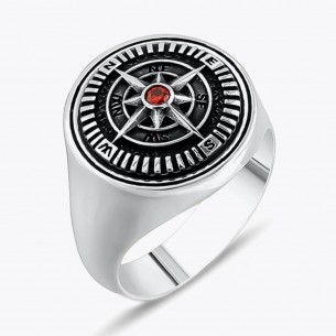Mini Red Zircon Stone Compass Design Men's Sterling Silver Ring