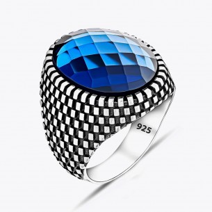 Blue Zircon Stone Men's Silver Ring