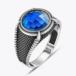 Blue Zircon Stone Round Design Men's Silver Ring