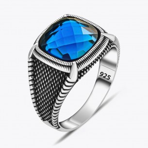 Blue Zircon Stone Square Design Men's Silver Ring