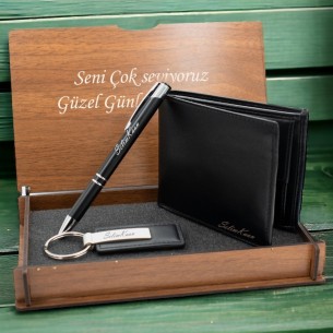 Personalized Leather Wallet keychain & Pen Gift Set