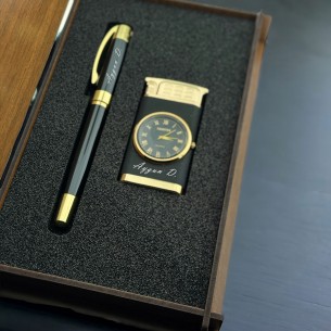 Personalisierte Gravierte Rollerball Stift und Uhr Feuerzeug Geschenkset