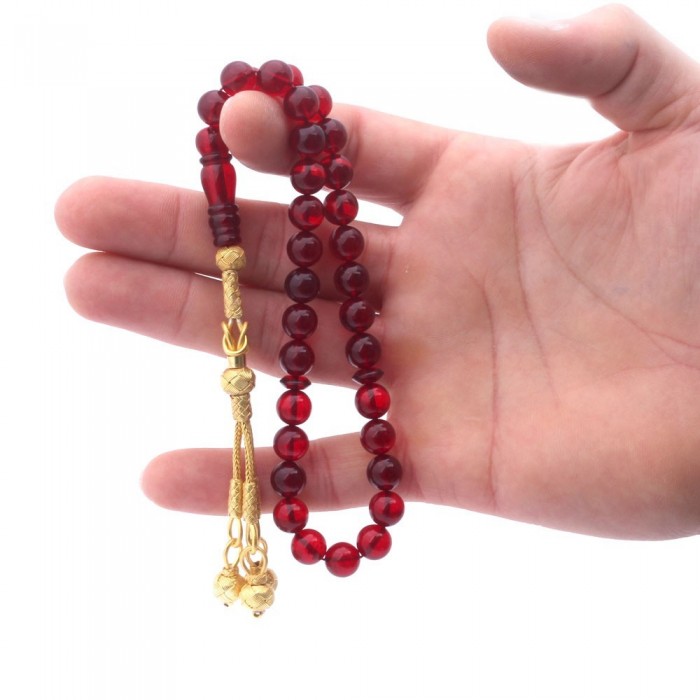 Red Amber Prayer Beads w Silver Tessel