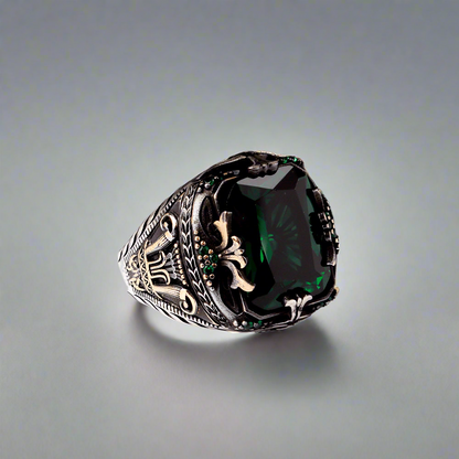 Green Zircon Stone Men's Silver Ring