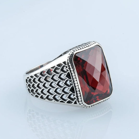 Kırmızı Zirkon Taşlı Erkek Gümüş Yüzük