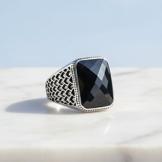 Siyah Zirkon Taşlı Erkek Gümüş Yüzük