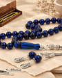 Personalized Blue Sapphire Amber Prayer Beads | Silver Tassel