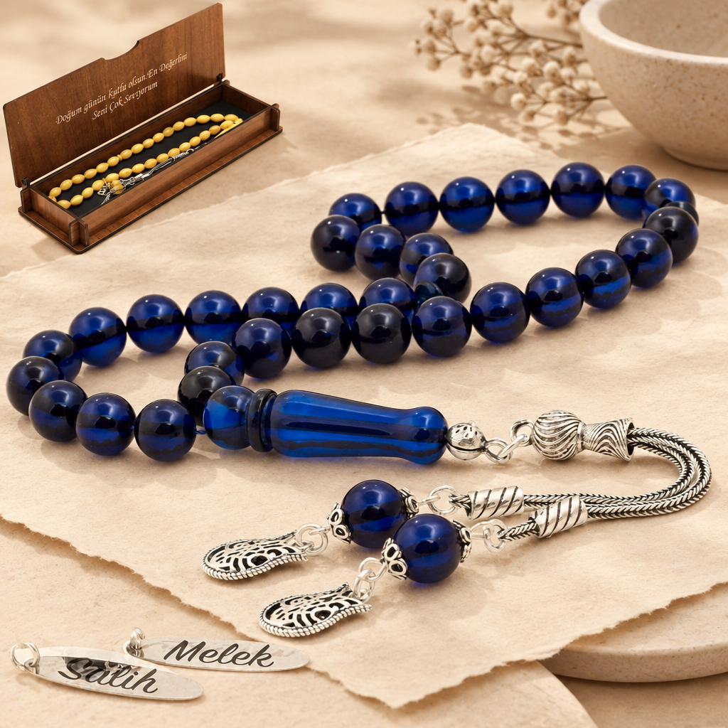 Personalized Blue Sapphire Amber Prayer Beads | Silver Tassel