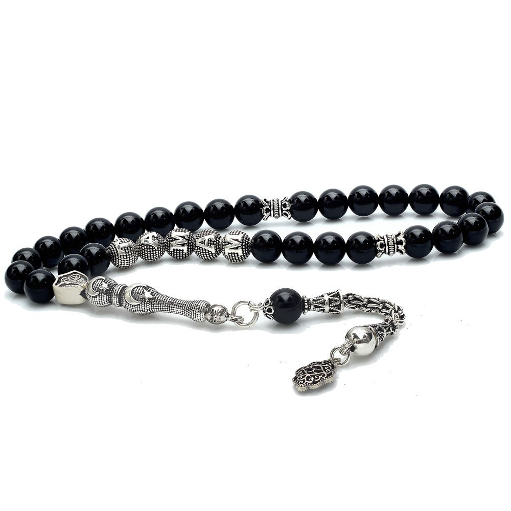 Black Onyx Stone Tasbih with 925s Silver Tassel Initials