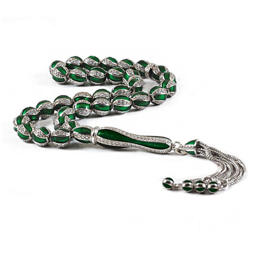 Green 925 Sterling Silver Tasbih with Zircon Stones