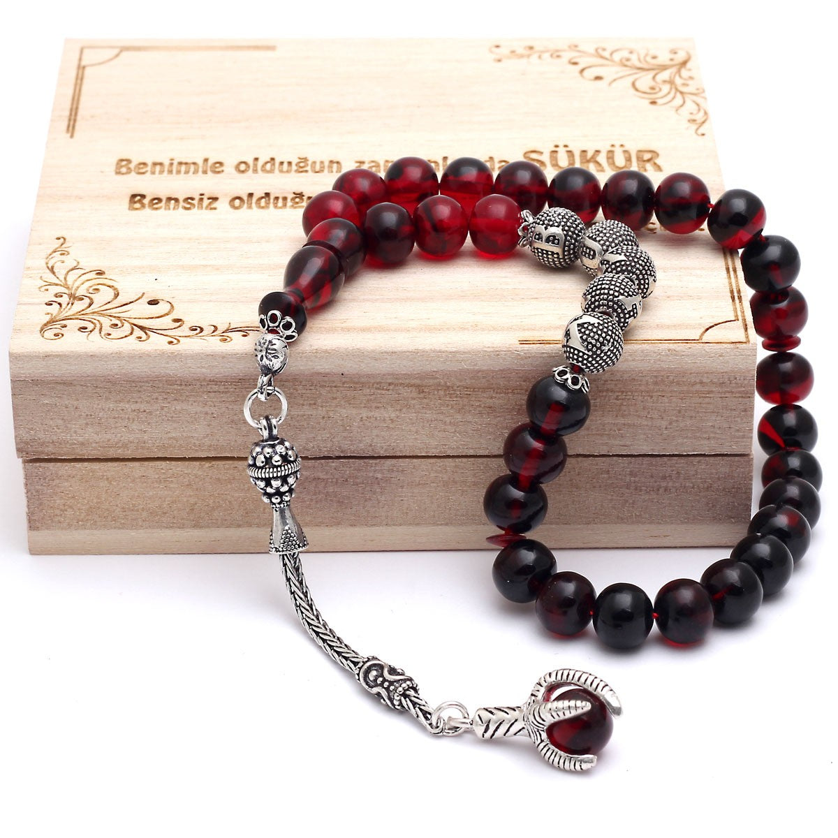 Artificial Amber İnitial w Silver Tassel Prayer Beads Tasbih