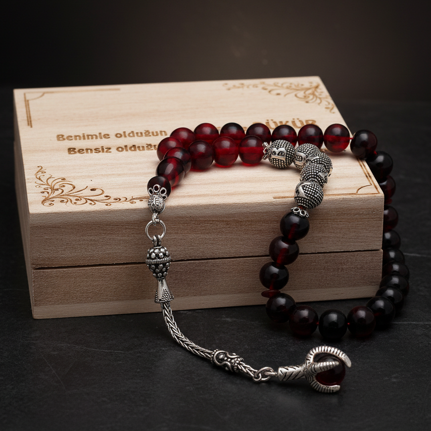 Personalisierte Rote Bernstein-Tasbih mit Gravur und Holzbox