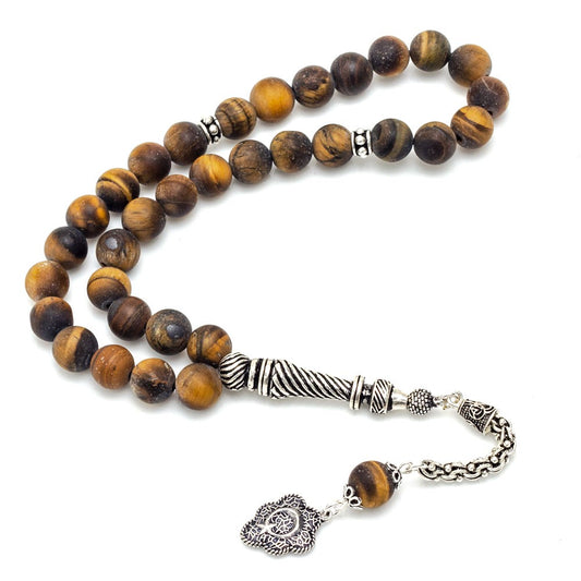 Tiger Eye Stone Silver Tassel Prayer Beads Tasbih