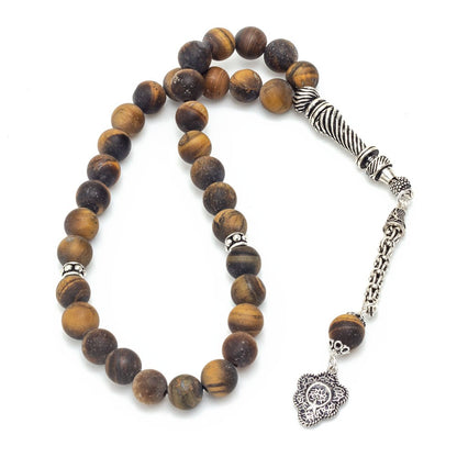 Mat Doğal Kaplan Gözü Taşlı Gümüş Tesbih