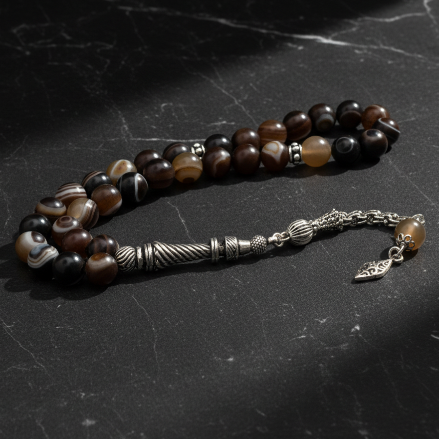 Eye Akik Stone 925 Silver Embroidered Rosary