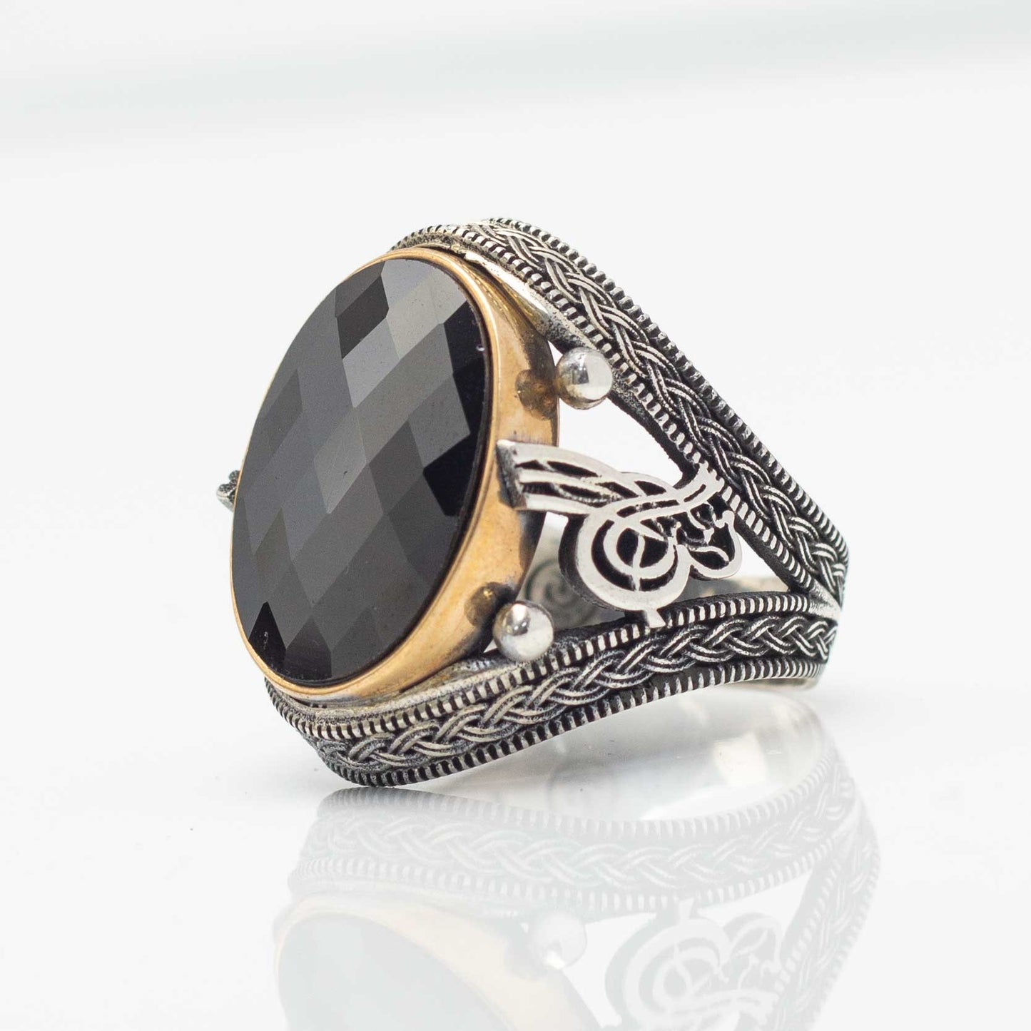 925s Silver Ottoman Tugra Signet Ring with Onyx Stone