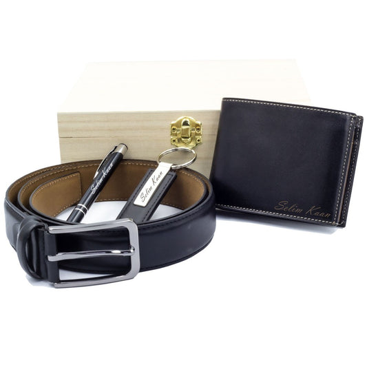 Personalized Leather Wallet Belt Keychain Pen Gift Set