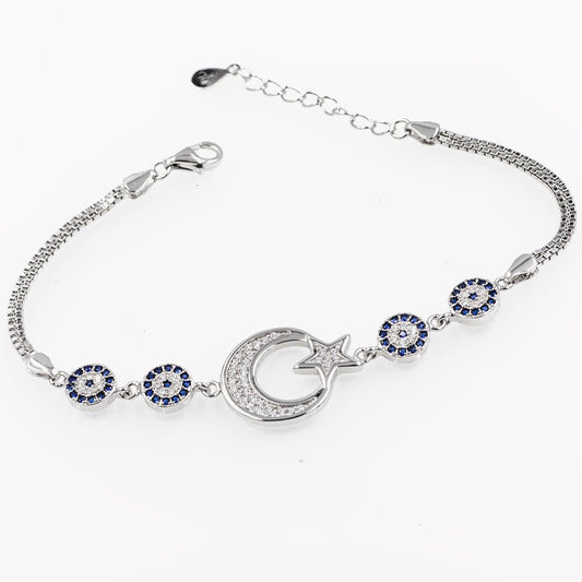 Moon Star Evil Eye Bracelet In Sterling Silver