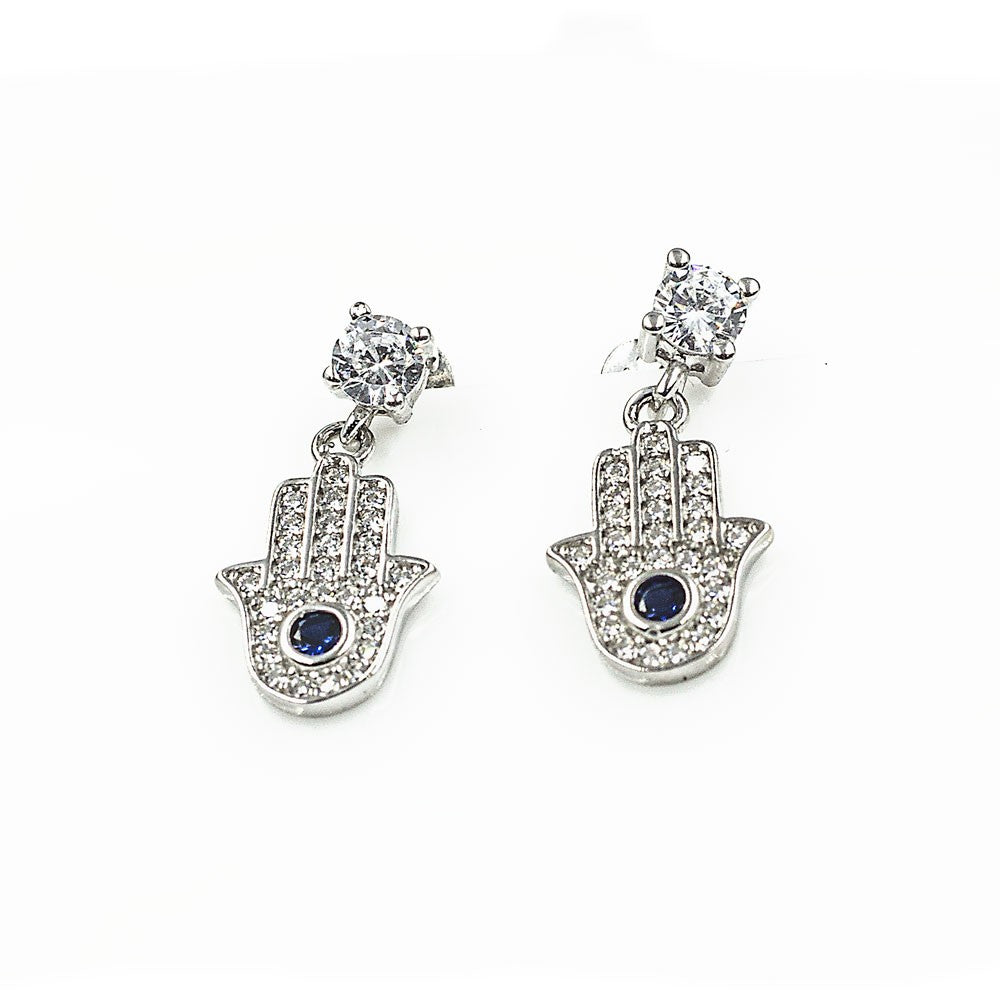 Sterling Silver Cubic Zirconia White Hamsa Hand Earrings