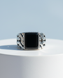 Square Black Zircon Stone Men's Silver Ring