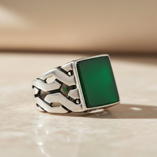 Kare Yeşil Akik Taşlı Erkek Gümüş Yüzük