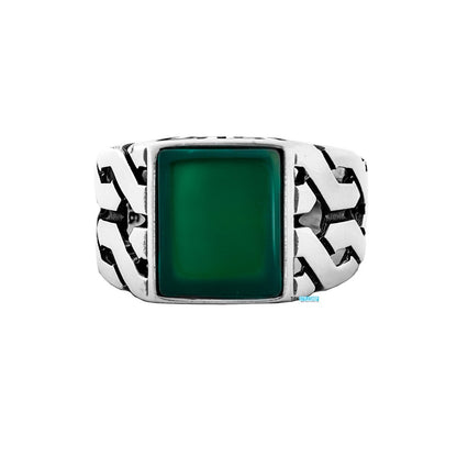 Anneau argenté pour hommes en pierre d'agate verte carrée