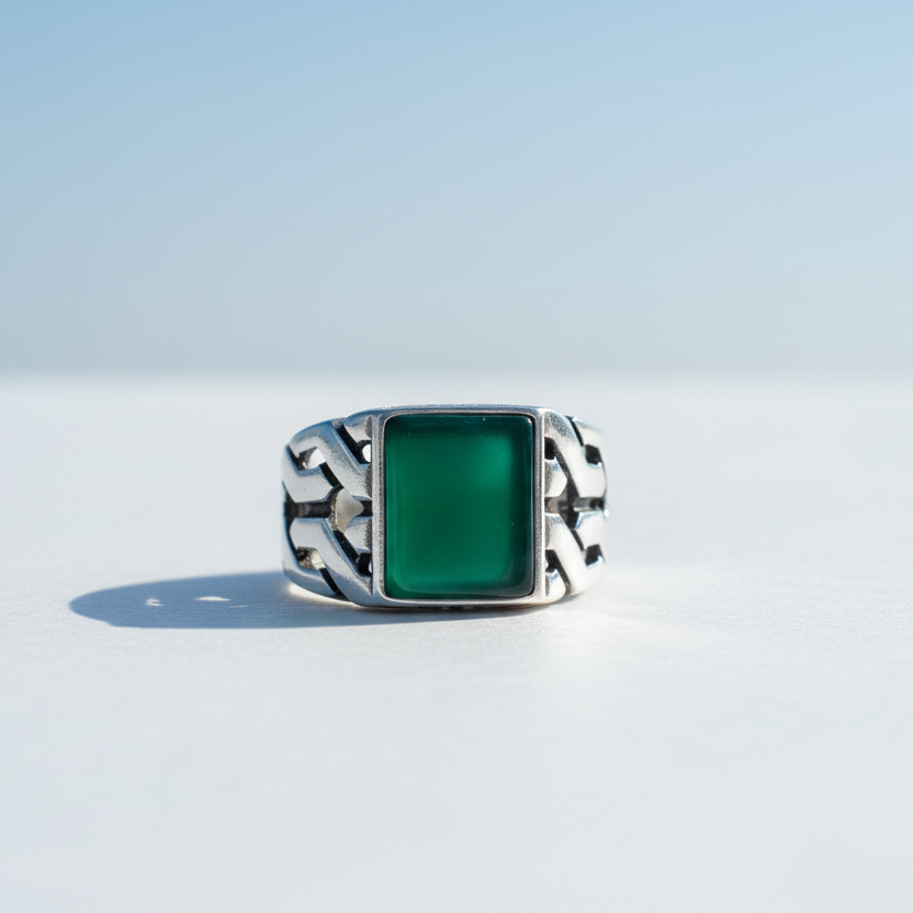 Square Green Agate Stone Men's Silver Ring