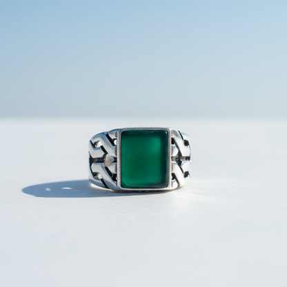 Square Green Agate Stone Men's Silver Ring