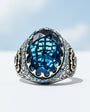 Blue Topaz Stone Pen Embroidered Silver Ring