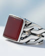 Square Agate Stone Men's Silver Ring