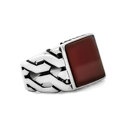 Square Agate Stone Men's Silver Ring